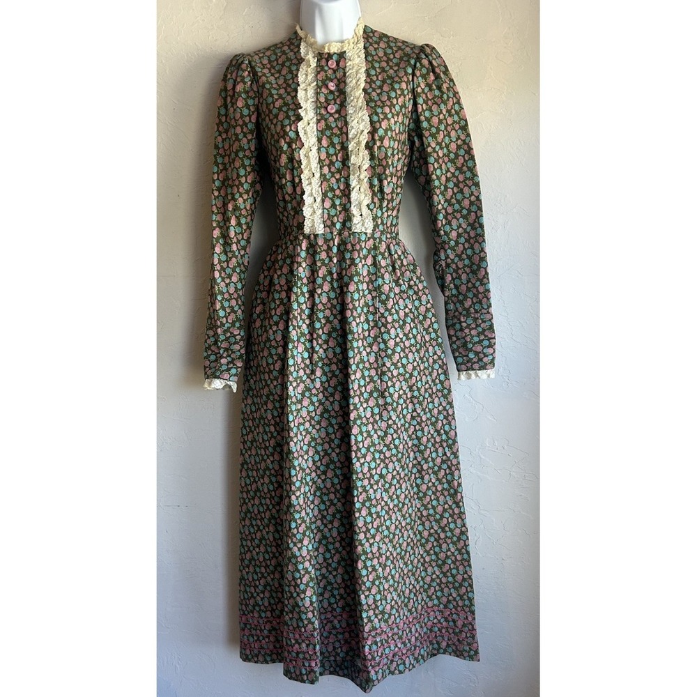 Vintage 70s Prairie Dress XXS 00 Floral Calico Maxi + Bonnet Victorian Lace Trim